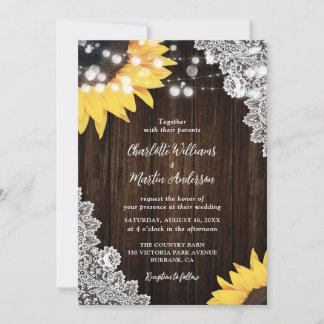 Rustic Wood Lace Sunflower Wedding Invitation