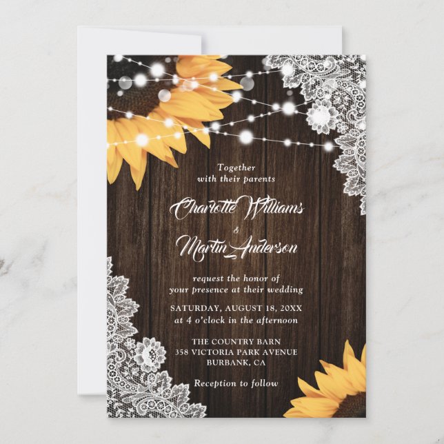 Rustic Wood Lace Sunflower Wedding Invitation (Front)