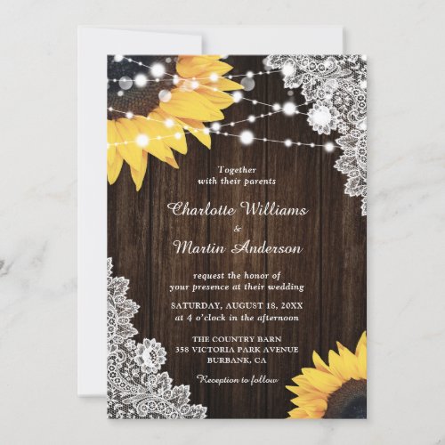 Rustic Wood Lace Sunflower Wedding Invitation