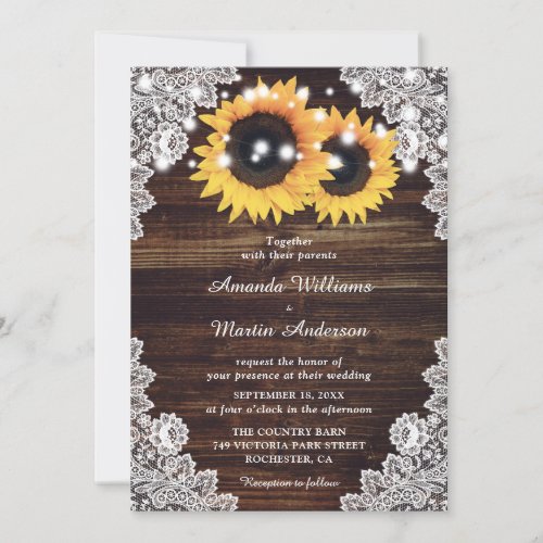 Rustic Wood Lace Sunflower Wedding Invitation