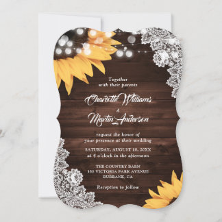 Rustic Wood Lace Sunflower Wedding Invitation