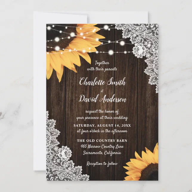 Rustic Wood Lace Sunflower Wedding Invitation | Zazzle