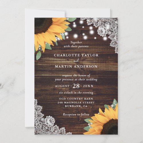 Rustic Wood Lace Sunflower Wedding Invitation