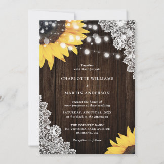 Rustic Wood Lace Sunflower Wedding Invitation