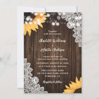 Rustic Wood Lace Sunflower Wedding Invitations