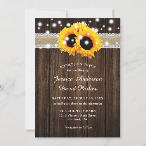 Rustic Wood Lace Sunflower Wedding Invitations