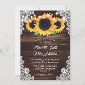 Rustic Wood Lace Sunflower Wedding Invitations