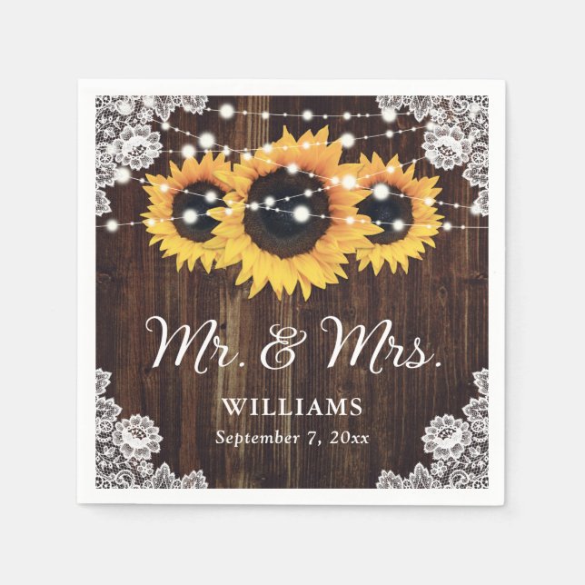Rustic Wood Lace Sunflower Wedding Napkins (Front)
