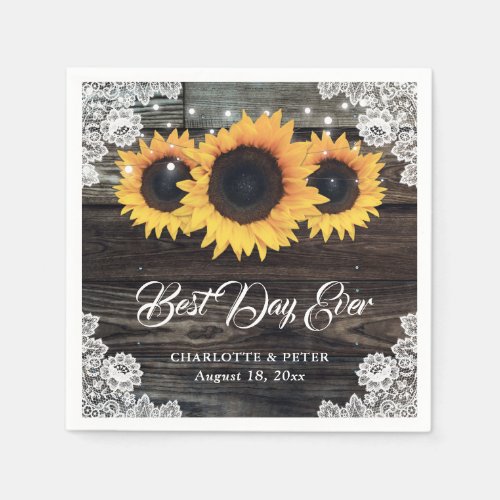 Rustic Wood Lace Sunflower Wedding Paper Napkins