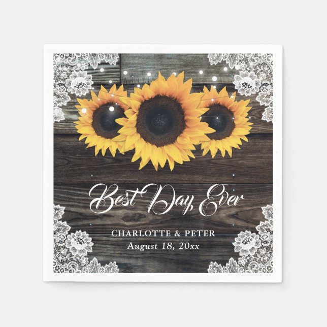 Rustic Wood Lace Sunflower Wedding Paper Napkins (Front)
