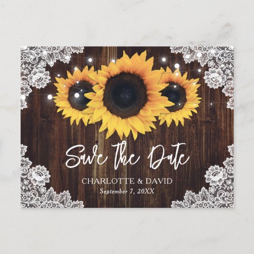 Rustic Wood Lace Sunflower Wedding Save The Date Announcement Postcard