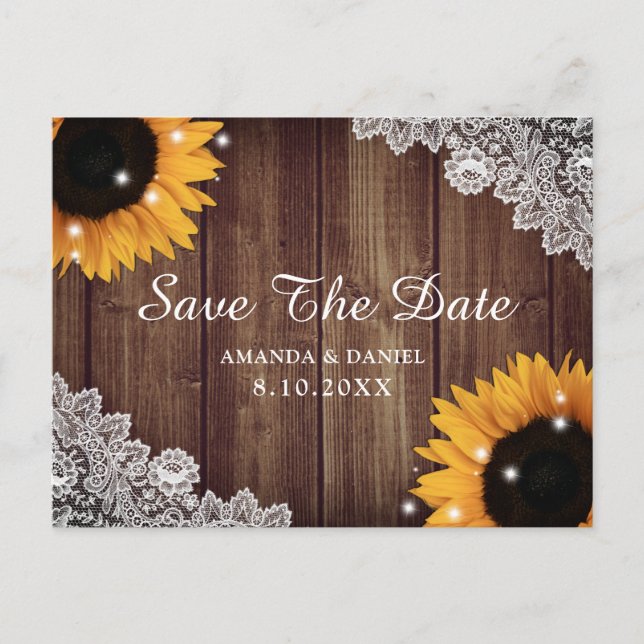 Rustic Wood Lace Sunflower Wedding Save The Date Postcard (Front)