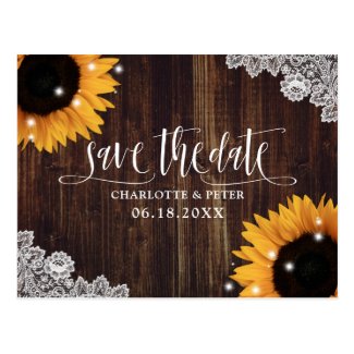 Rustic Wood Lace Sunflower Wedding Save The Date Postcard