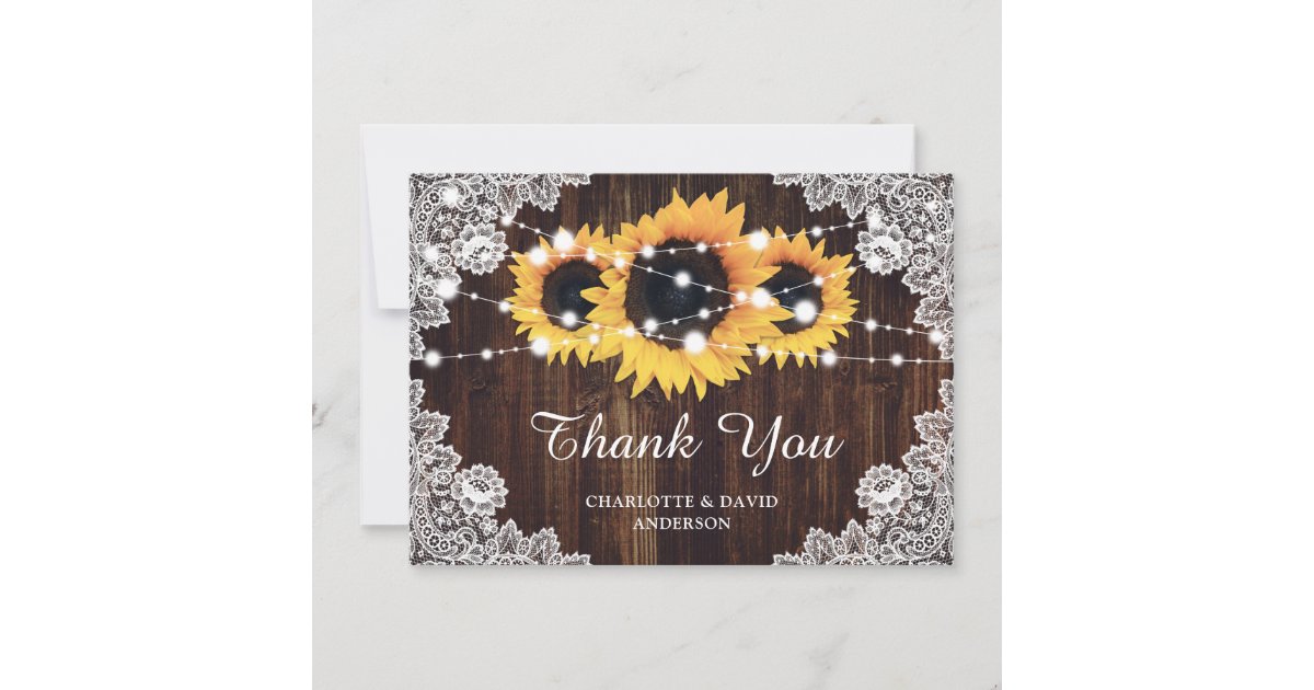 Rustic Wood Lace Sunflower Wedding Thank You Card | Zazzle