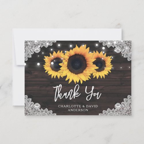 Rustic Wood Lace Sunflower Wedding Thank You Card