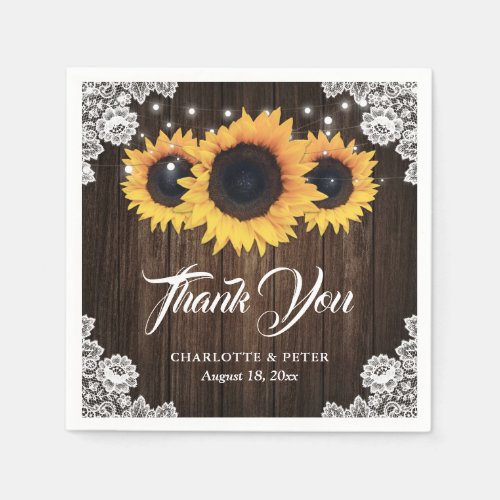 Rustic Wood Lace Sunflower Wedding Thank You Napkins