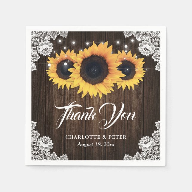 Rustic Wood Lace Sunflower Wedding Thank You Napkins (Front)