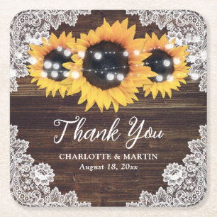 Rustic Wood Lace Sunflower Wedding Thank You Square Paper Coaster