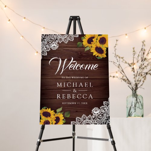 Rustic Wood Lace Sunflowers Wedding Welcome Sign