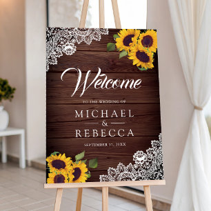 Rustic Wood Lace Sunflowers Wedding Welcome Sign
