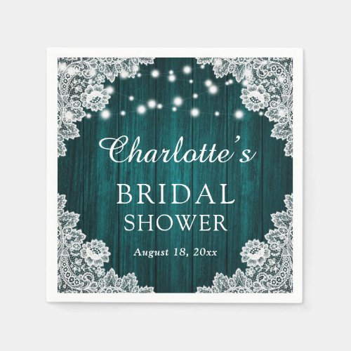 Rustic Wood Lace Teal Bridal Shower Napkins