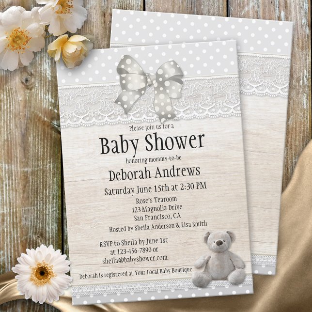 Rustic Wood Lace Teddy Bear Baby Shower Invitation (Creator Uploaded)
