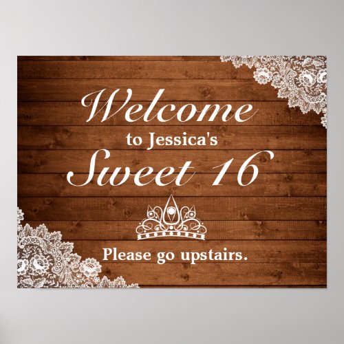 Rustic Wood  Lace Tiara  Sweet 16 Welcome Sign