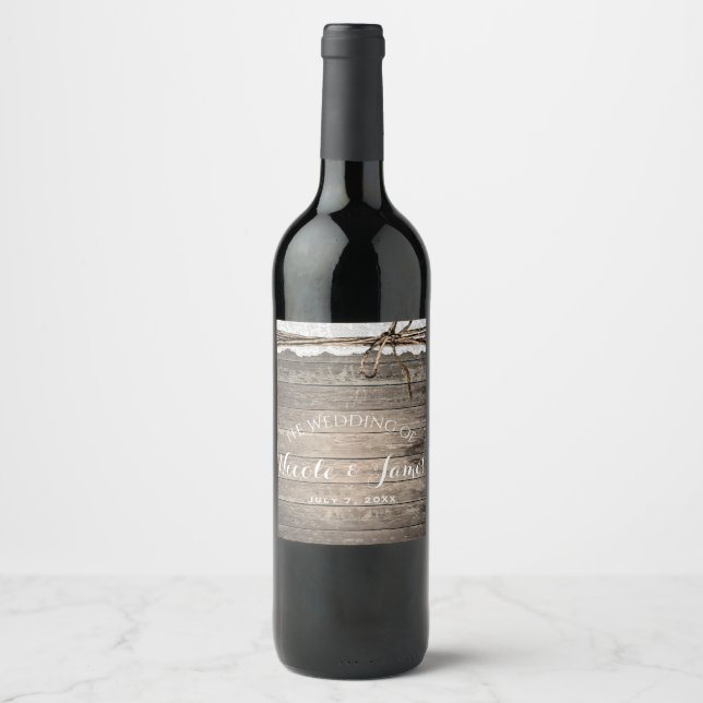 Rustic Wood Lace Twine Barn Wedding Custom Wine Label (Front)