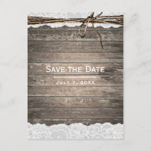 Rustic Wood Lace Twine Barn Wedding Save the Date Announcement Postcard