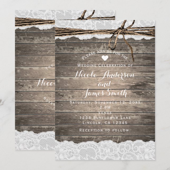 Rustic Wood Lace & Twine Romantic Barn Wedding Invitation (Front/Back)