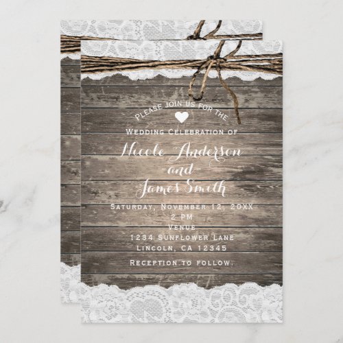 Rustic Wood Lace  Twine Romantic Barn Wedding Invitation