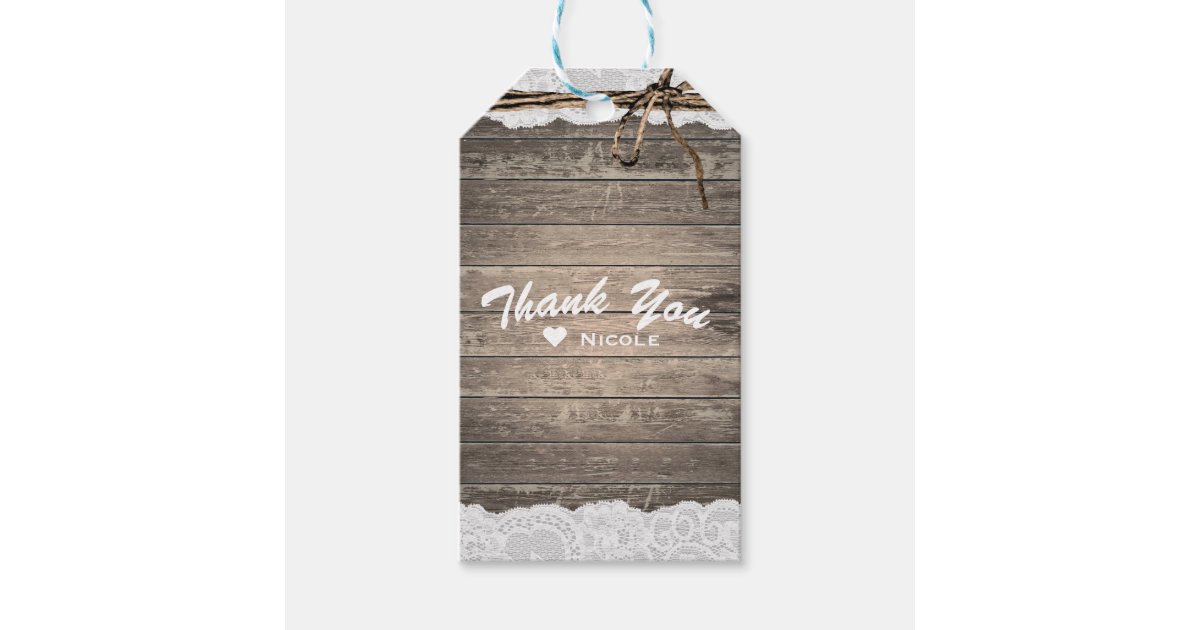 Rustic Wood Lace & Twine Romantic Wedding Favor Gift Tags | Zazzle