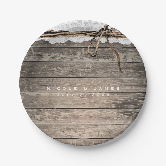 Rustic Wood Lace  Twine Romantic Wedding Reception Paper Plates (Front)