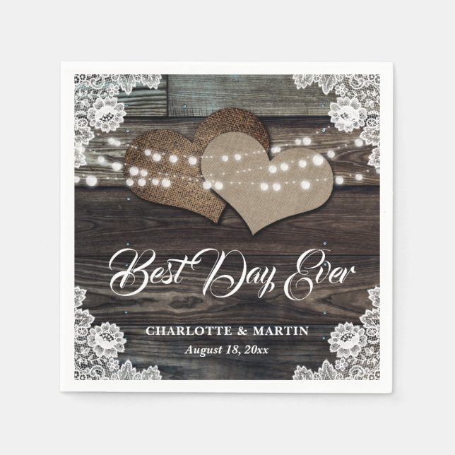 Rustic Wood Lace Two Burlap Hearts Wedding Napkins (Front)