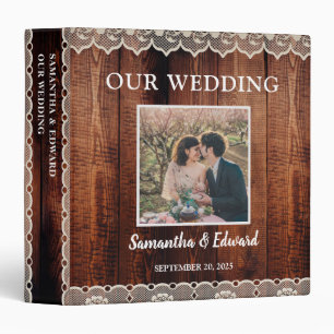 Rustic wood lace vintage photo wedding 3 ring binder