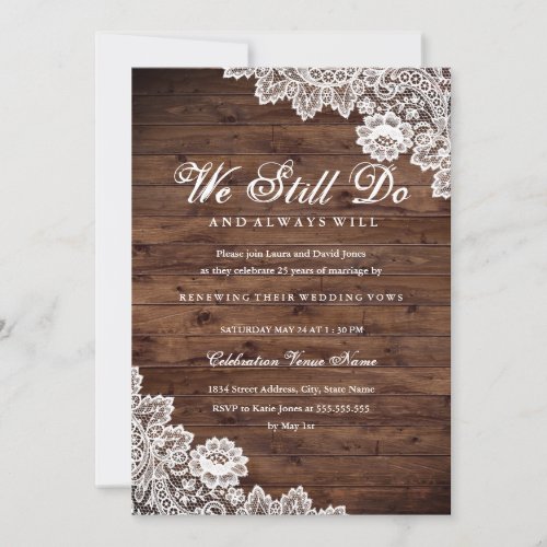 Rustic Wood Lace Vow Renewal Anniversary Invitation