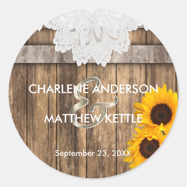 Rustic Wood & Lace Wedding Classic Round Sticker (Front)
