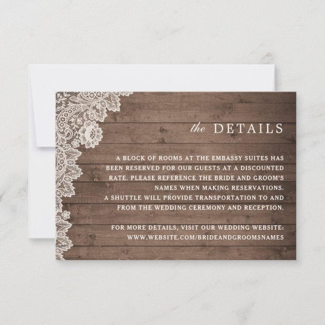 Rustic Wood Lace Wedding Details Enclosure Card (Front)