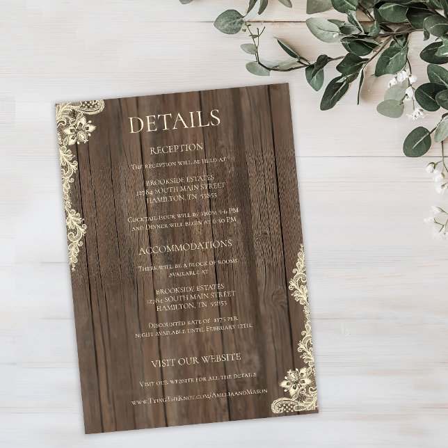 Rustic Wood Lace Wedding Details Enclosure Card (Rustic Wood Lace Wedding Details Enclosure Card)