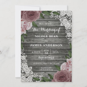 Rustic Wood Lace Wedding Floral Pink Roses Grey Invitation