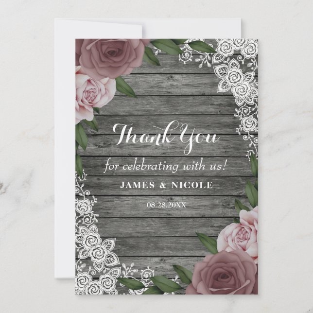 Rustic Wood Lace Wedding Floral Pink Roses Grey  Thank You Card (Front)