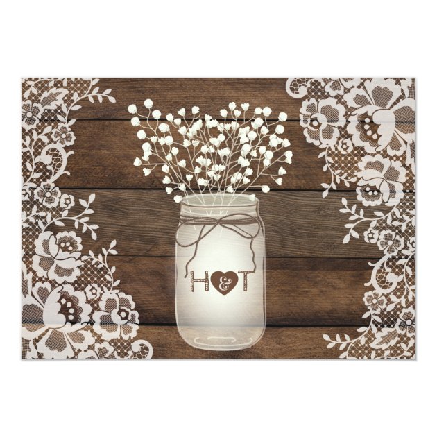 Rustic Wood Lace Wedding Invitation, Mason Jar Card