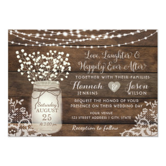 Rustic Wood Lace Wedding Invitation, Mason Jar Card
