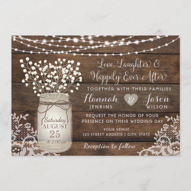 Rustic Wood Lace Wedding Invitation Mason Jar Invitation