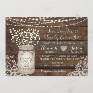 Rustic Wood Lace Wedding Invitation, Mason Jar Invitation
