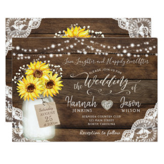 Rustic Wood Lace Wedding Invitation, Sunflower Jar Card