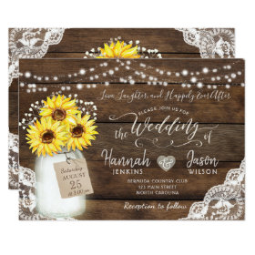 Rustic Wood Lace Wedding Invitation, Sunflower Jar Invitation