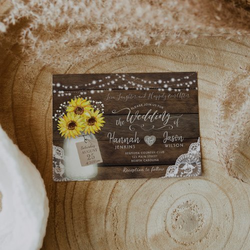 Rustic Wood Lace Wedding Invitation Sunflower Jar Invitation