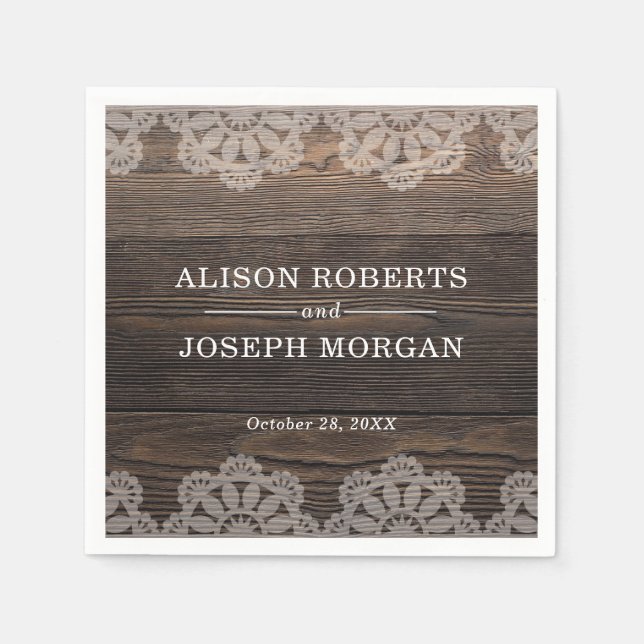 Rustic Wood Lace Wedding Napkins (Front)