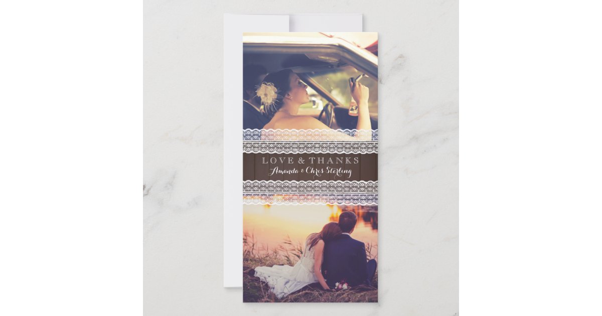 Rustic Wood & Lace Wedding Photo Thank You Card | Zazzle